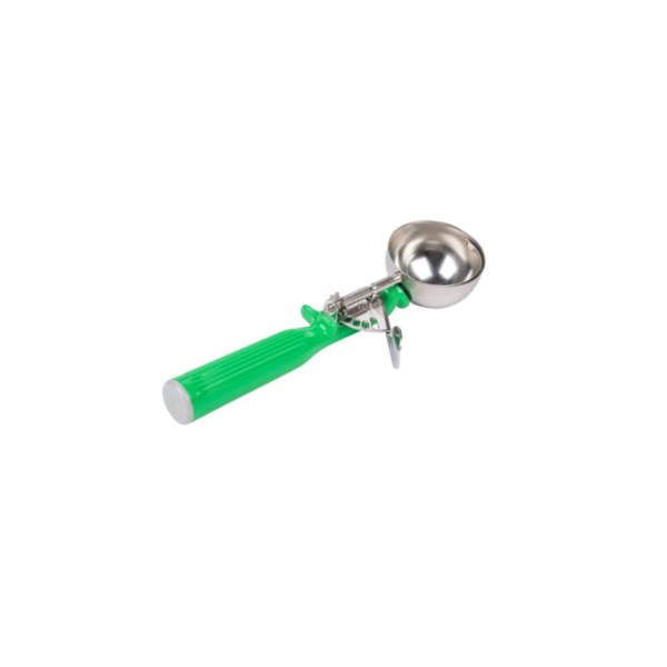 2 ⅔-ounce stainless steel disher with green handle.