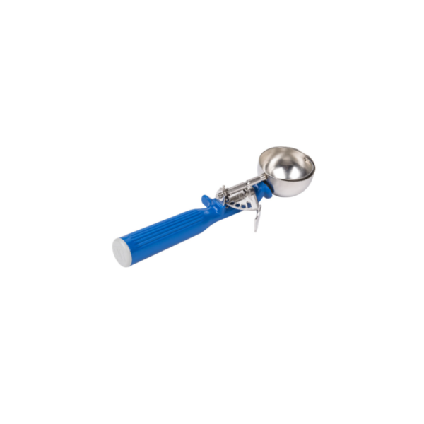 2-ounce stainless steel disher with blue handle.