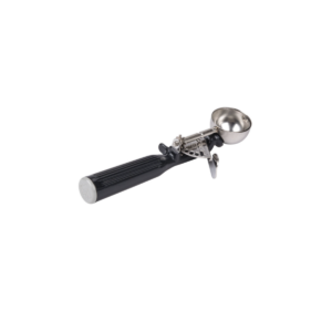 1 ounce stainless steel disher with black handle.