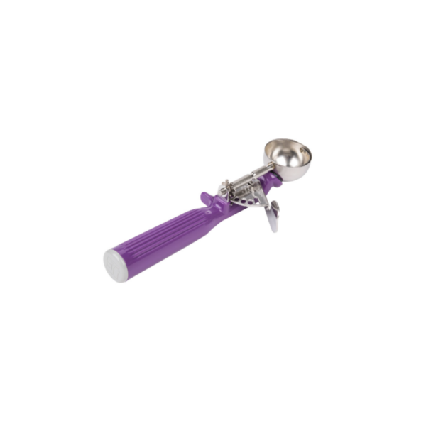 ¾-ounce stainless steel disher with purple handle.