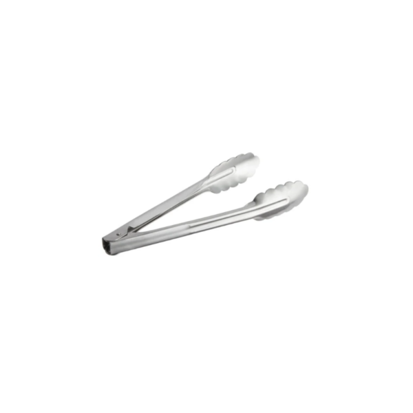 Stainless steel scalloped utility tongs.