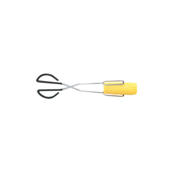 Scissor tongs with chrome-plated wire black heat-resistant handle.