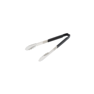 Stainless steel scalloped tongs with black Kool-Touch handle.
