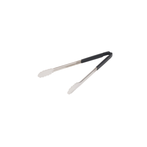Stainless steel scalloped tongs with black Kool-Touch handle.