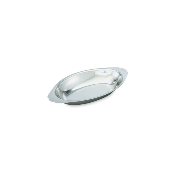Stainless Steel Au Gratin dish with mirror finish and integral handles.