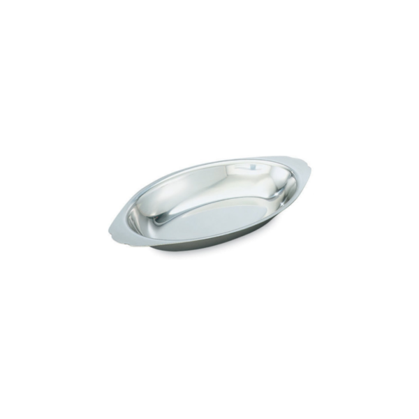 Stainless Steel Au Gratin dish with mirror finish and integral handles.