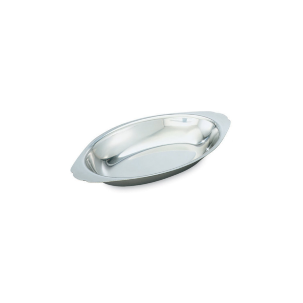 Stainless Steel Au Gratin dish with mirror finish and integral handles.