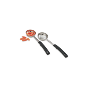 Stainless steel perforated spoodle with black handle.