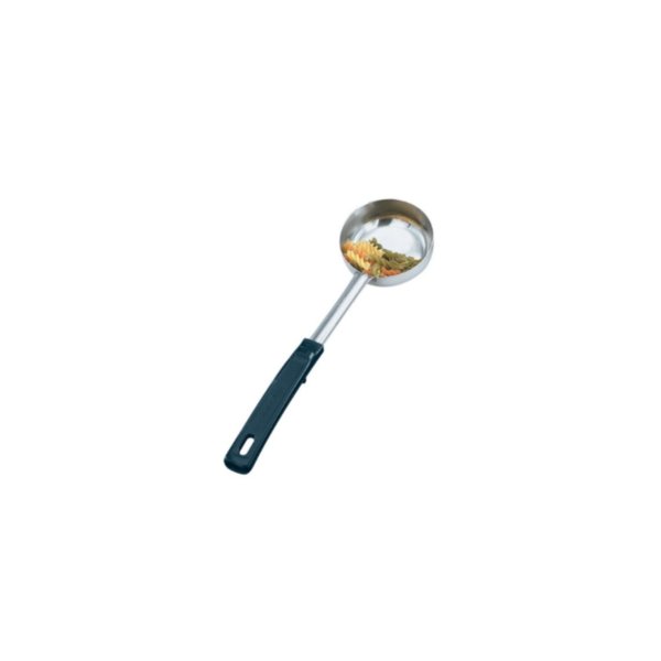 Stainless steel spoodle with black handle.