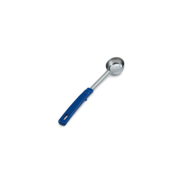 Stainless steel spoodle with blue handle.