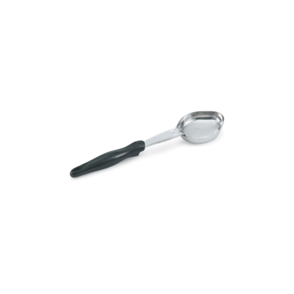 Stainless steel spoodle with black handle.