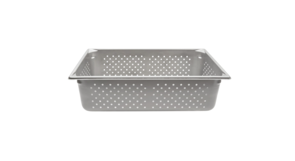 Perforated stainless steam table pan.