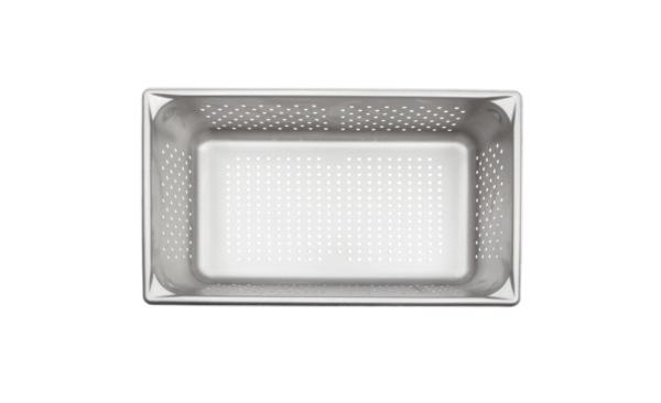 Perforated stainless steam table pan.