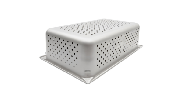 Perforated stainless steam table pan.