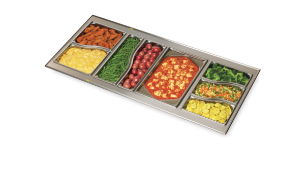Stainless steel oval pan display.