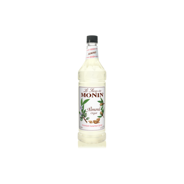 Plastic bottle with clear liquid and almonds on the label