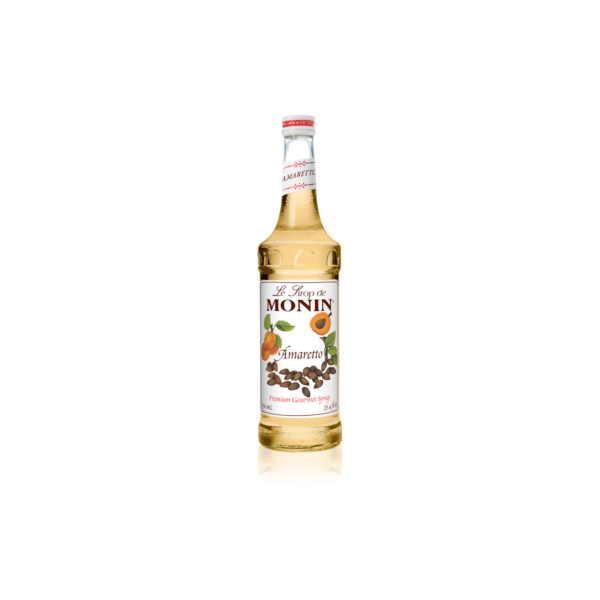 Glass bottle with tan liquid with amaretto on the label