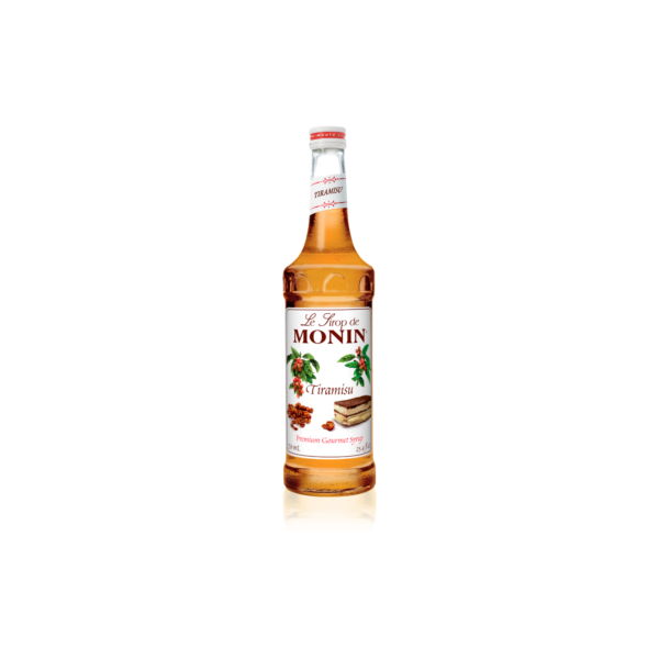 Glass bottle with tan liquid with tiramisu on the label