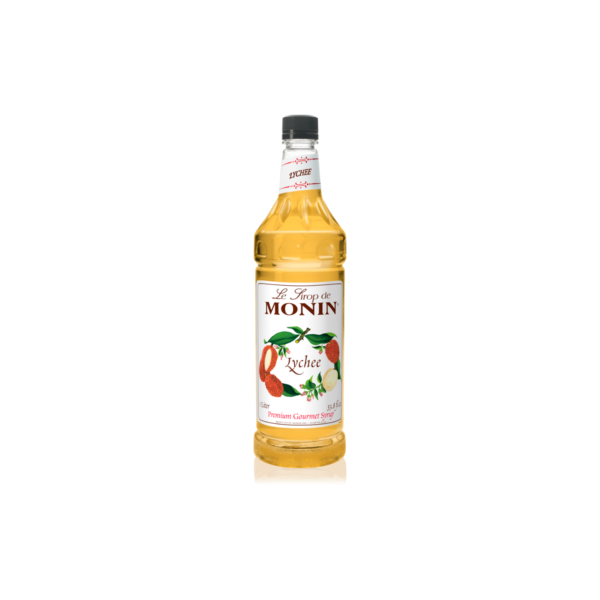 Plastic bottle with yellow liquid and lychee on the label