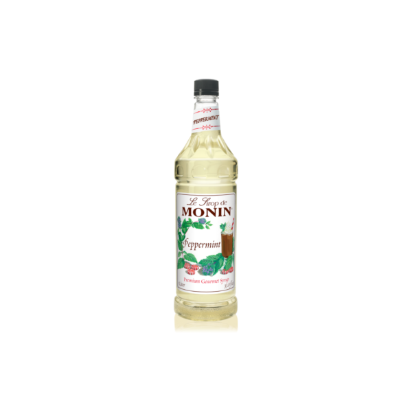 Plastic bottle with clear liquid and mint on the label