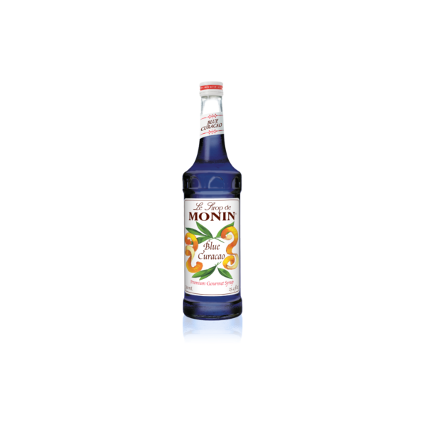 Glass bottle with blue liquid with flowers on the label