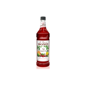 Plastic bottle with maroon liquid and fruit on the label