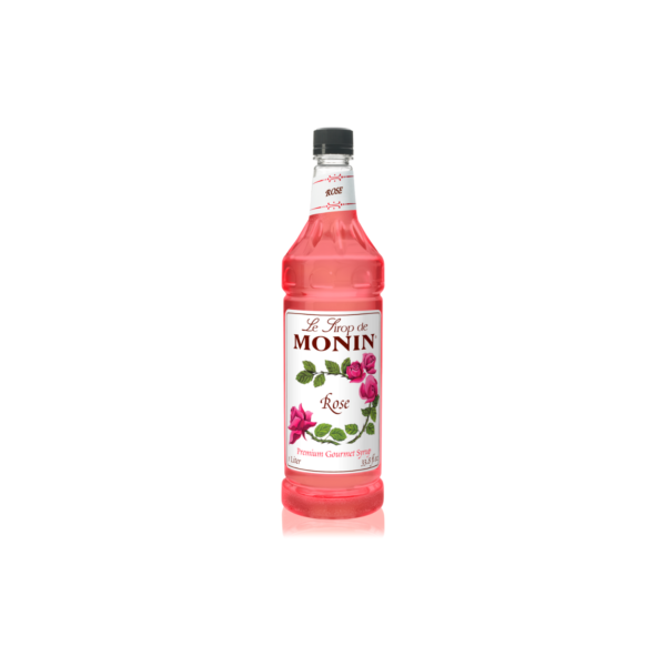 Plastic bottle with pink liquid and roses on the label