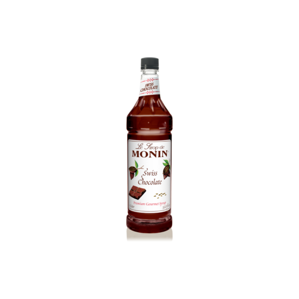 Plastic bottle with brown liquid with chocolate on the label