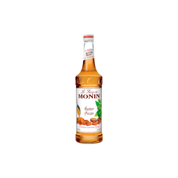 Glass bottle with tan liquid with pecans on the label