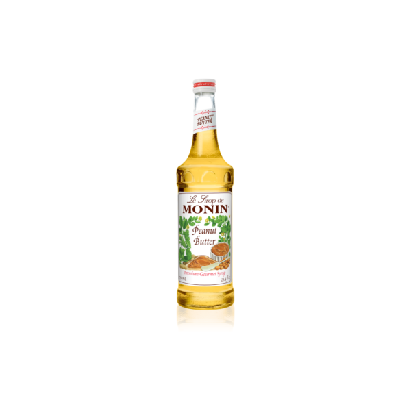 Glass bottle with tan liquid with peanut butter on the label