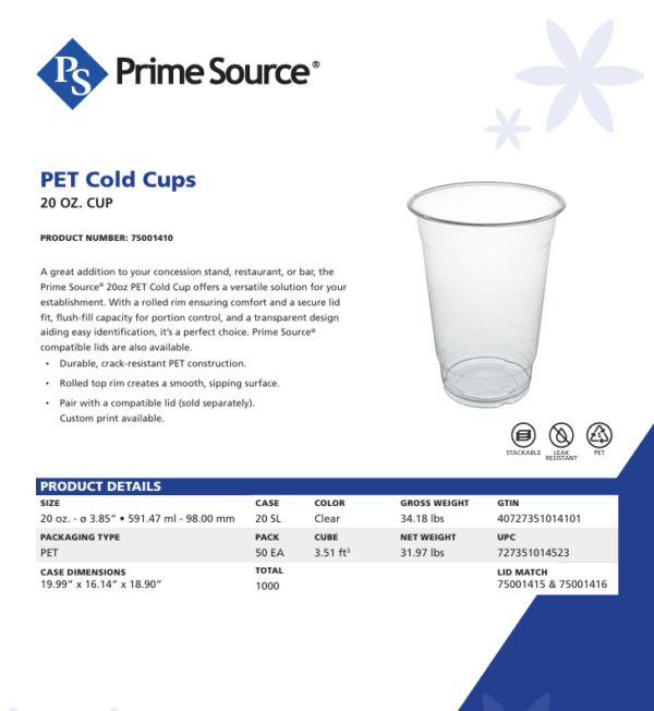 Prime source 20oz disposable cup spec sheet