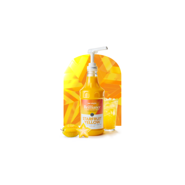 Yellow Monin liquid energy with yellow and orange label