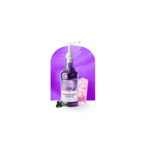 Plastic bottle containing purple liquid next to glass