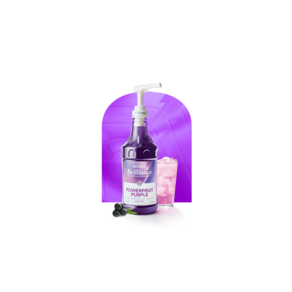 Plastic bottle containing purple liquid next to glass