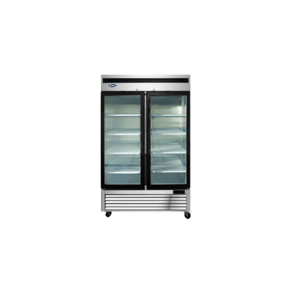 Two-section glass door refrigerator with and stainless steel exterior.