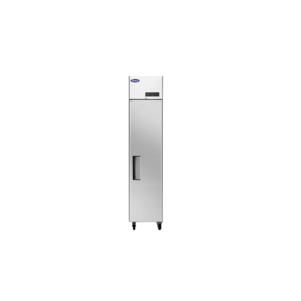 Front view stainless commercial refrigerator closed.