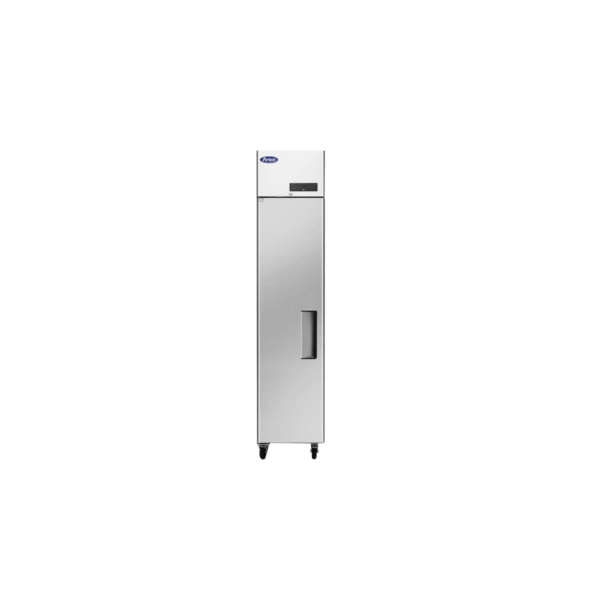 Slim commercial stainless steel refrigerator with left-hinged door.