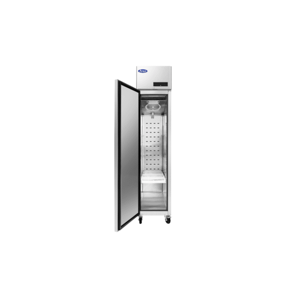 Slim commercial stainless steel refrigerator with open left-hinged door.