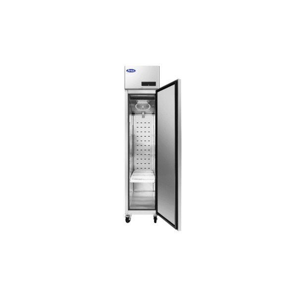 Front view stainless commercial refrigerator open.