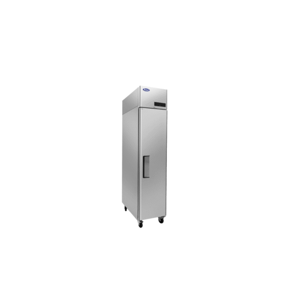 Side view stainless commercial refrigerator closed.