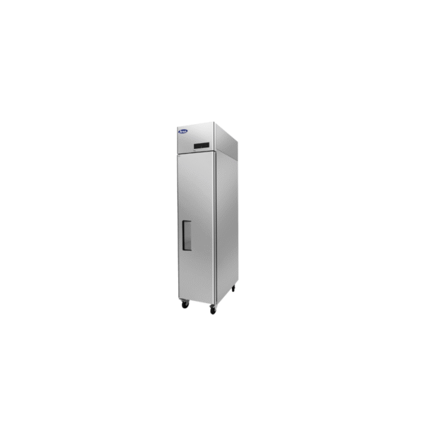 Side view stainless commercial refrigerator closed.