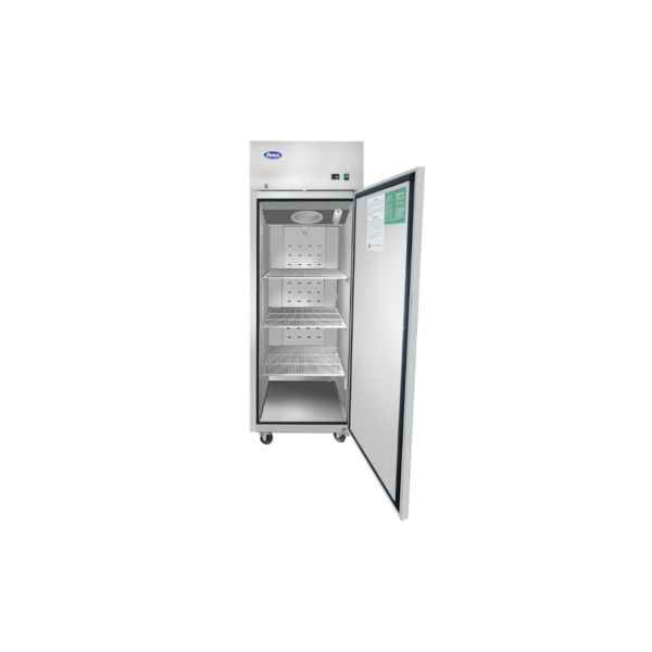 Open one door stainless steel refrigerator.