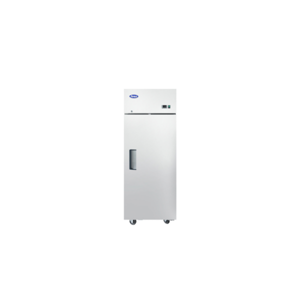 Closed one door stainless steel refrigerator.