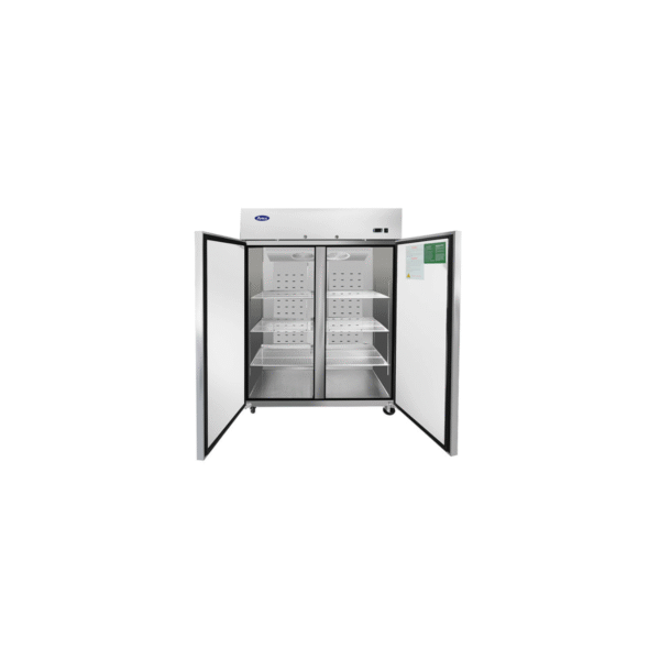Commercial open two-door stainless steel Atosa reach-in refrigerator.