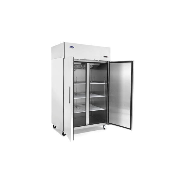 Commercial side view of open two-door stainless steel Atosa reach-in refrigerator.