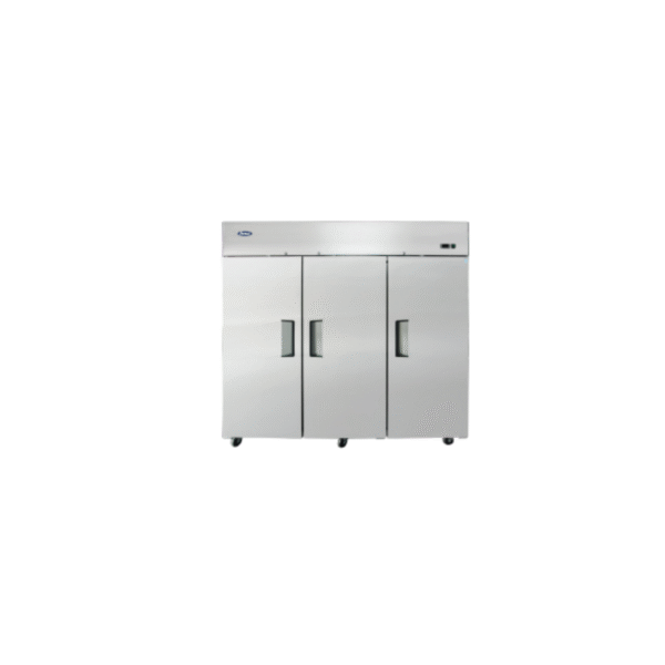 Atosa three section reach in refrigerator with stainless steel finish.