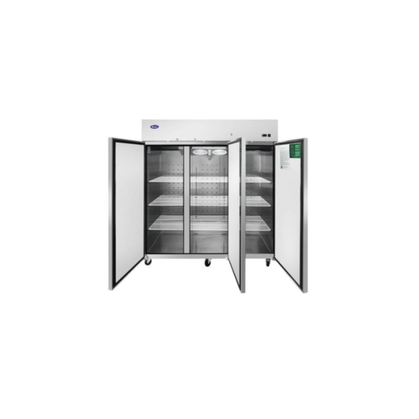 Open Atosa three section reach in refrigerator with stainless steel finish.