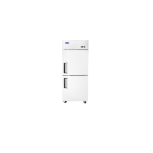 Top mount 2 divided door stainless steel refrigerator.