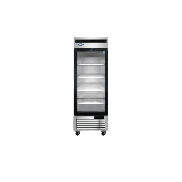 One-section commercial refrigerator with glass door with stainless steel finish.