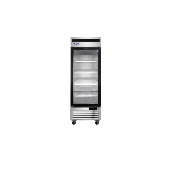 Left-hinged glass door refrigerator with stainless steel exterior.